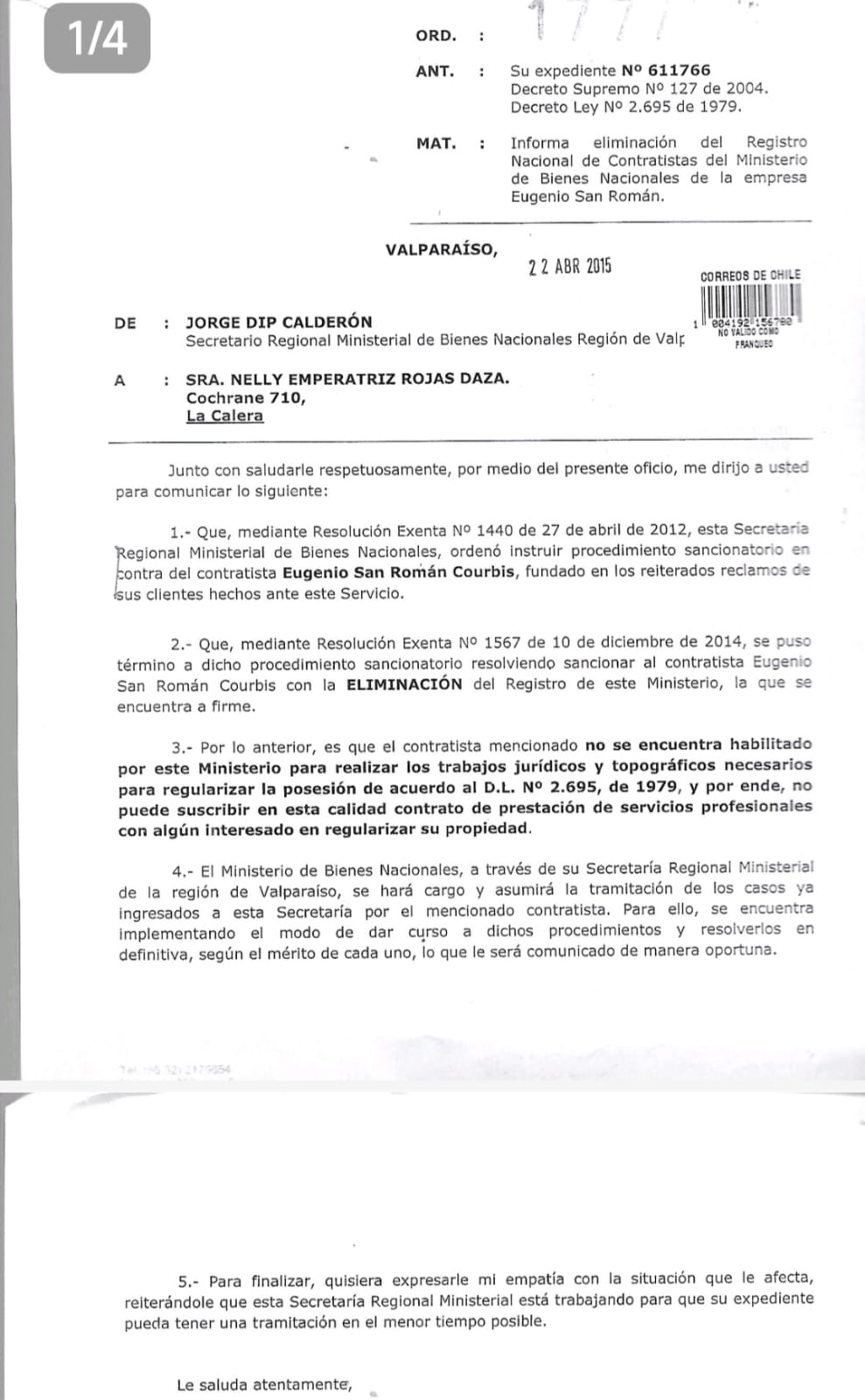 Oficio de Bienes Nacionales pidiendo disculpas a la familia Gaete Rojas por los problemas ocasionados por San Román.